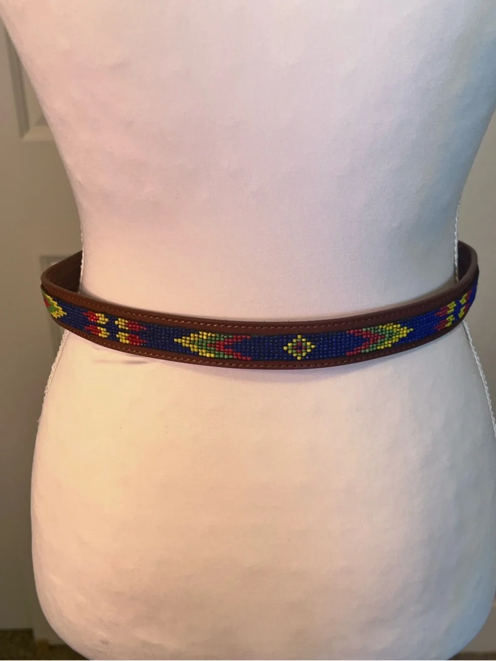 Beaded Brown Latigo Leather Belt Sz 28